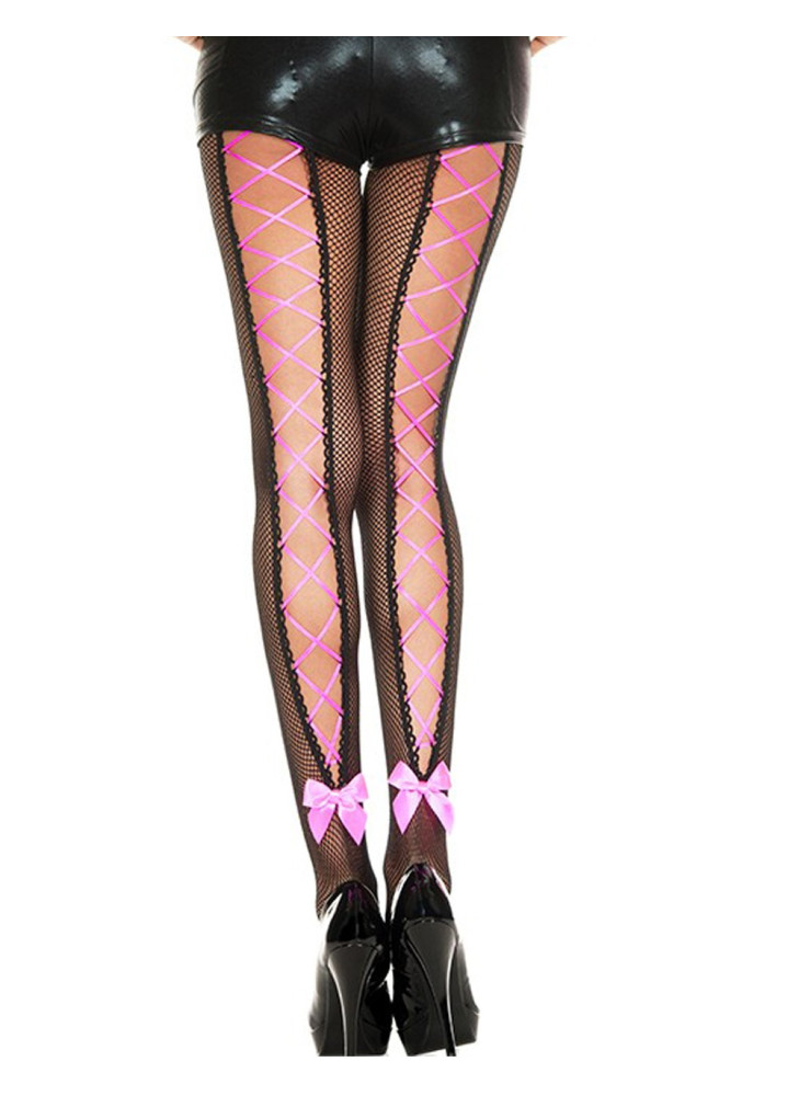 Collant résille noir avec laçage rose corset et noeud - MH50012BHP